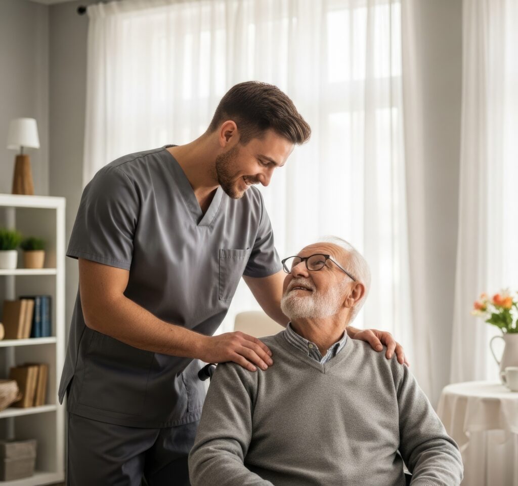 Caregiver assisting elderly man at home