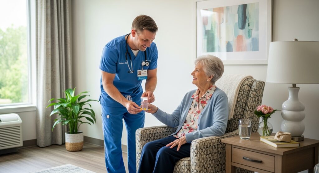 Male Nurse Assisting Elderly Woman with Medication in Comfortabl