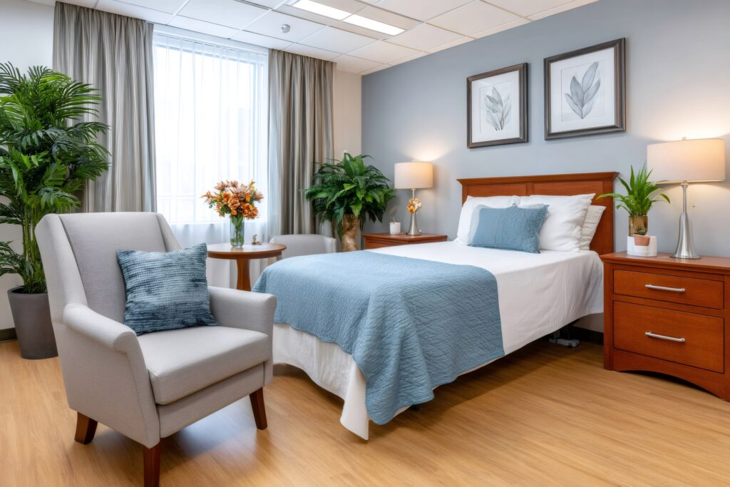 Patient room interior in assisted living facility